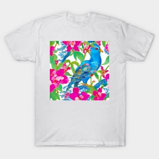 Chinoiserie blue bird and hot pink orchids T-Shirt